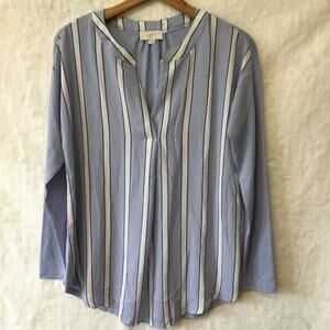Loft Blue Striped V-Neck Mixed Media Top